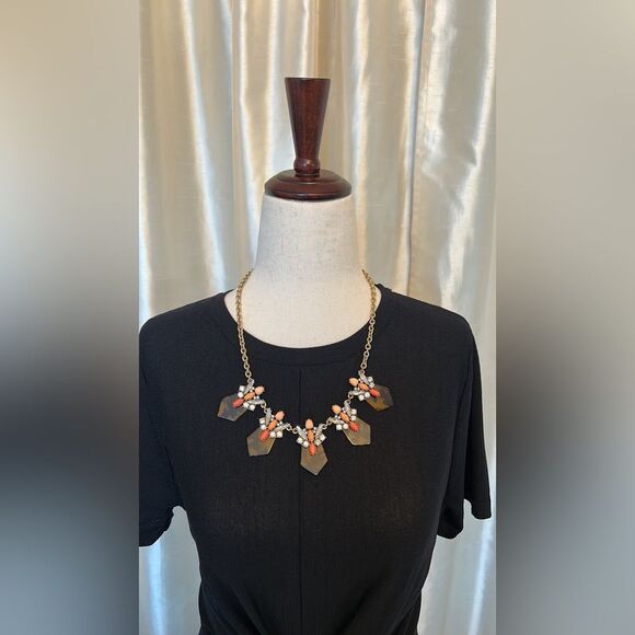 J.Crew Necklace Gold Tone Tortoise Rhinestone Statement Orange Opaque Brown EUC - Picture 4 of 6